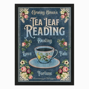 Adivinación de lectura de hojas de té, signo de adivino vintage, arte de pared imprimible de tasseografía. Signo psíquico, decoración gótica bruja, regalo amante del té
