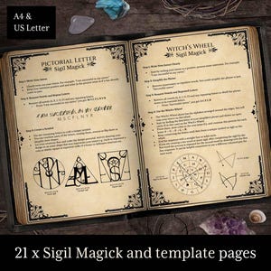 May include: A book with a brown leather cover and gold accents. The book is open to two pages, each with a different section titled "Pictorial Letter Sigil Magick" and "Witch's Wheel Sigil Magick". The pages contain instructions and diagrams for creating sigils.