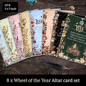 8 Rad van het Jaar-altaarkaarten voor sabbatdecor met embleem. Heksenalmanak Book of Shadows, heksachtige Grimoire, Wicca-altaarkunst