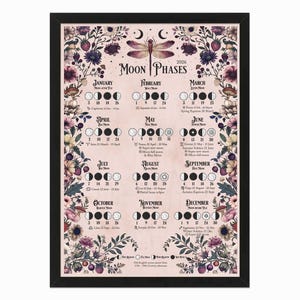 Può includere: Calendario delle fasi lunari 2026 incorniciato con bordo floreale. Il calendario presenta uno sfondo rosa con le fasi lunari per ogni mese, insieme al nome e alle date del mese. Una grafica di libellula è in alto.