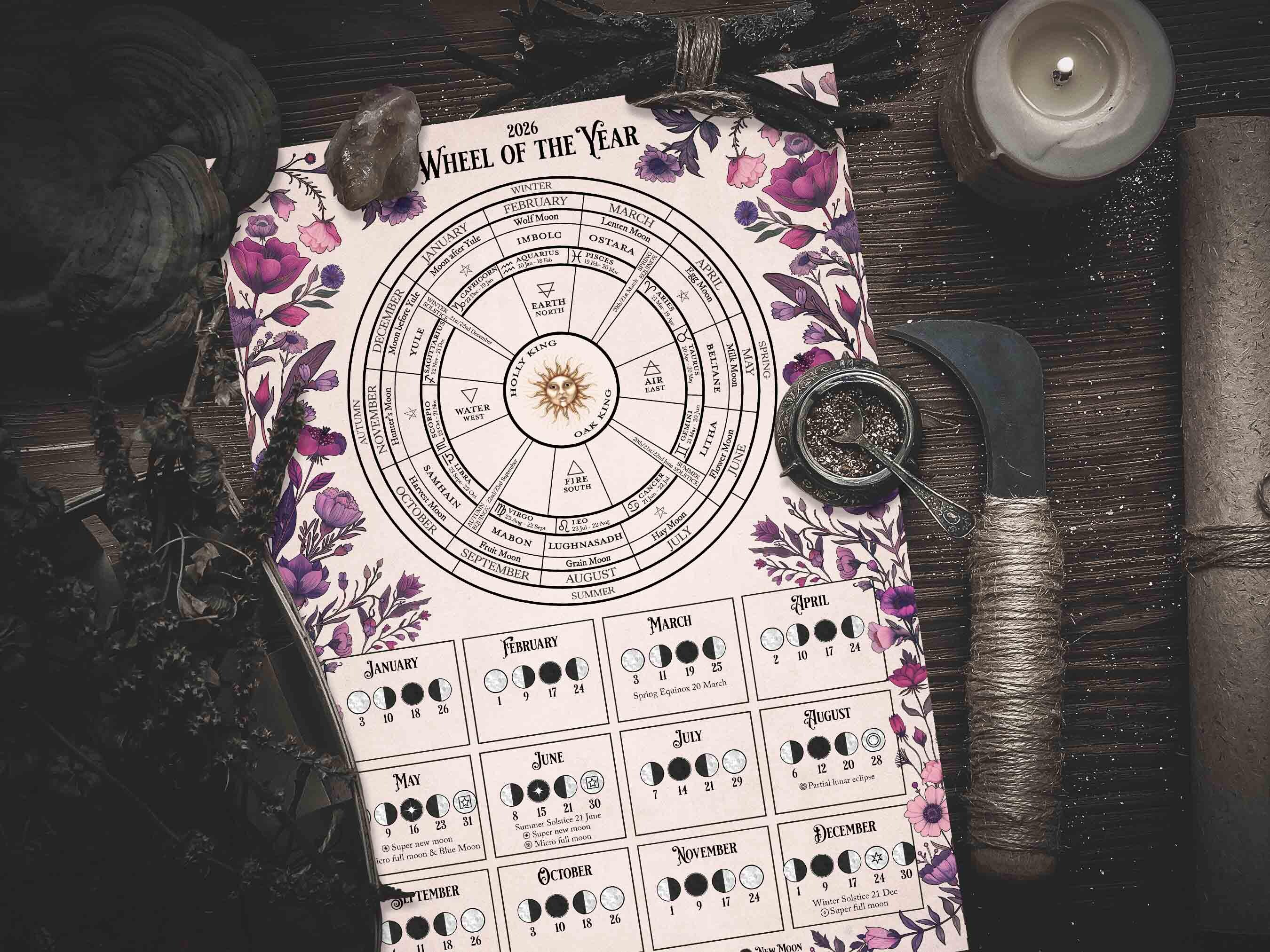 2026 Wheel of the Year & Lunar Calendar, Moon Calendar Printable Poster ...