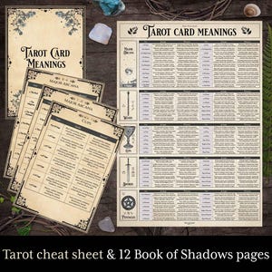 12 Seiten Tarotkarten aus dem Buch der Schatten plus eine Seite Tarot Spickzettel mit RWS Schlüsselwort-Bedeutungen. Grimoire, Zauberbuch der Hexerei, Wicca