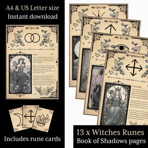 May include: Printable set of 13 witch runes, each with a unique symbol and description. The runes are presented on parchment-like paper with floral accents. The set also includes rune cards. The text on the page reads "13 x Witches Runes Book of Shadows pages".