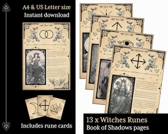 May include: Printable set of 13 witch runes, each with a unique symbol and description. The runes are presented on parchment-like paper with floral accents. The set also includes rune cards. The text on the page reads "13 x Witches Runes Book of Shadows pages".
