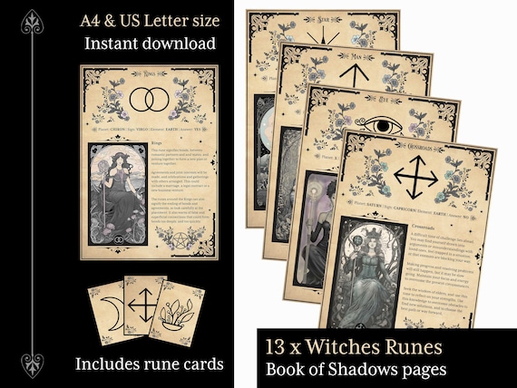 13 Witches runes Book of Shadows printable pages, grimoire pages, witchcraft spell book, Wicca, pagan, BoS pages, rune meanings, divination