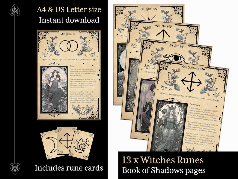 13 illustrated Witches runes Book of Shadows pages including elements, planets, zodiac signs, & rune meanings. A4 & US Letter format and includes aged paper and white background versions for printing on coloured or textured paper. Includes rune cards
