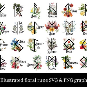Illustrierte florale Runen, Witchy SVG & PNG, Witchcraft Magic Wicca Bundle, Book of Shadows digitale Sticker. Runen Clipart für Cricut