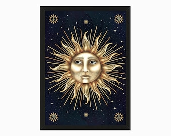 May include: A framed print featuring a golden sun with a serene face and radiating beams against a dark blue starry background. The artwork includes celestial symbols and is encased in a black frame, evoking a mystical theme.