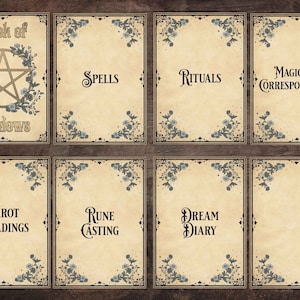 8 Book of Shadows cover and title pages, including a blank page to make your own titles. Perfect for BoS, grimoire pages or a witchcraft spell book. Available in A4 and US Letter sizes with aged paper and white backgrounds.