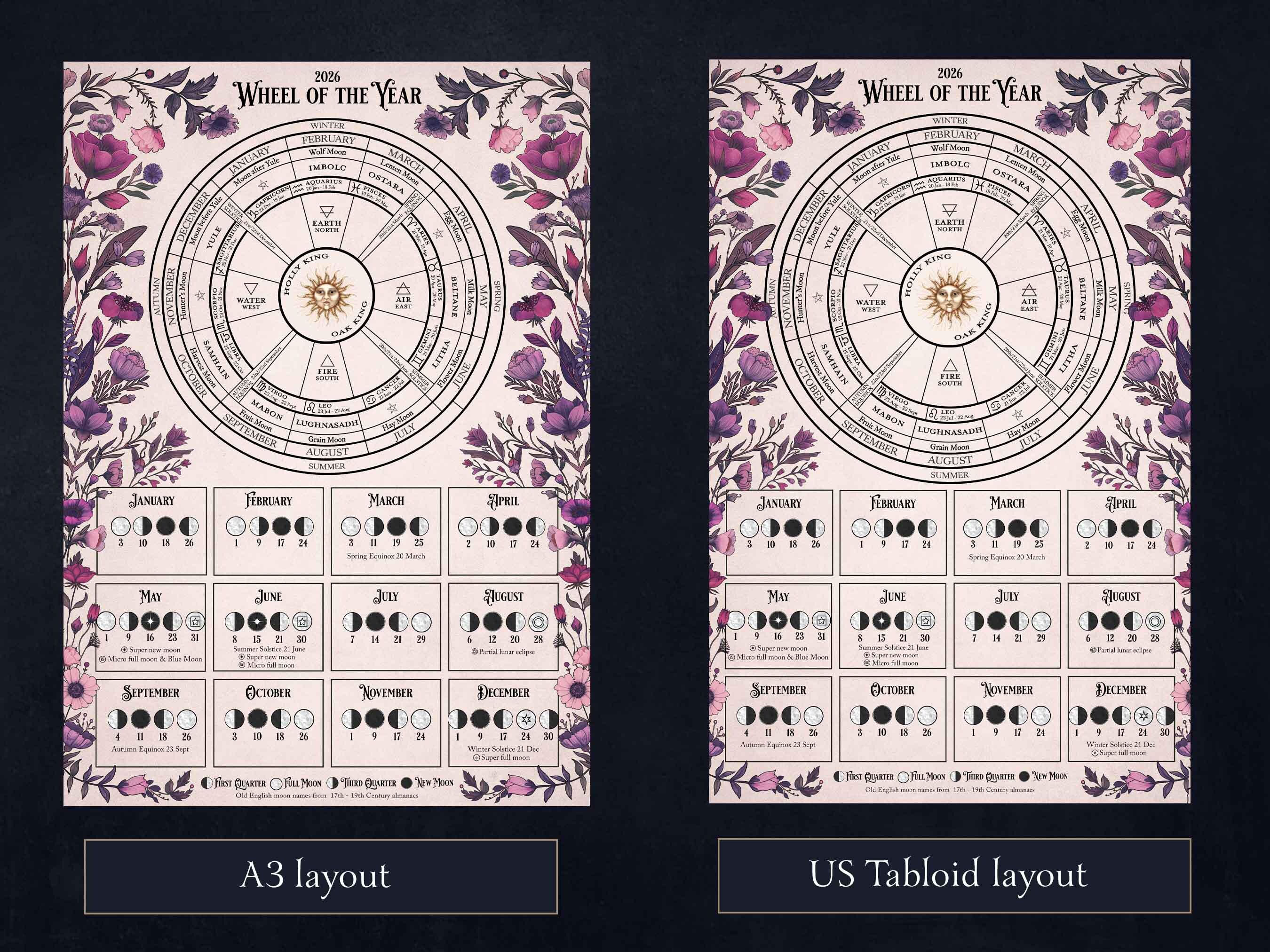 2026 Wheel of the Year & Lunar Calendar, Moon Calendar Printable Poster ...