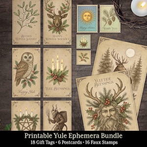 May include: A collection of vintage-style Yule ephemera, including postcards, gift tags, and faux stamps. The designs feature illustrations of a deer, owl, candles, and the sun. The text includes phrases like "Happy Yule" and "Yuletide Blessings."