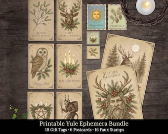 May include: A collection of vintage-style Yule ephemera, including postcards, gift tags, and faux stamps. The designs feature illustrations of a deer, owl, candles, and the sun. The text includes phrases like "Happy Yule" and "Yuletide Blessings."