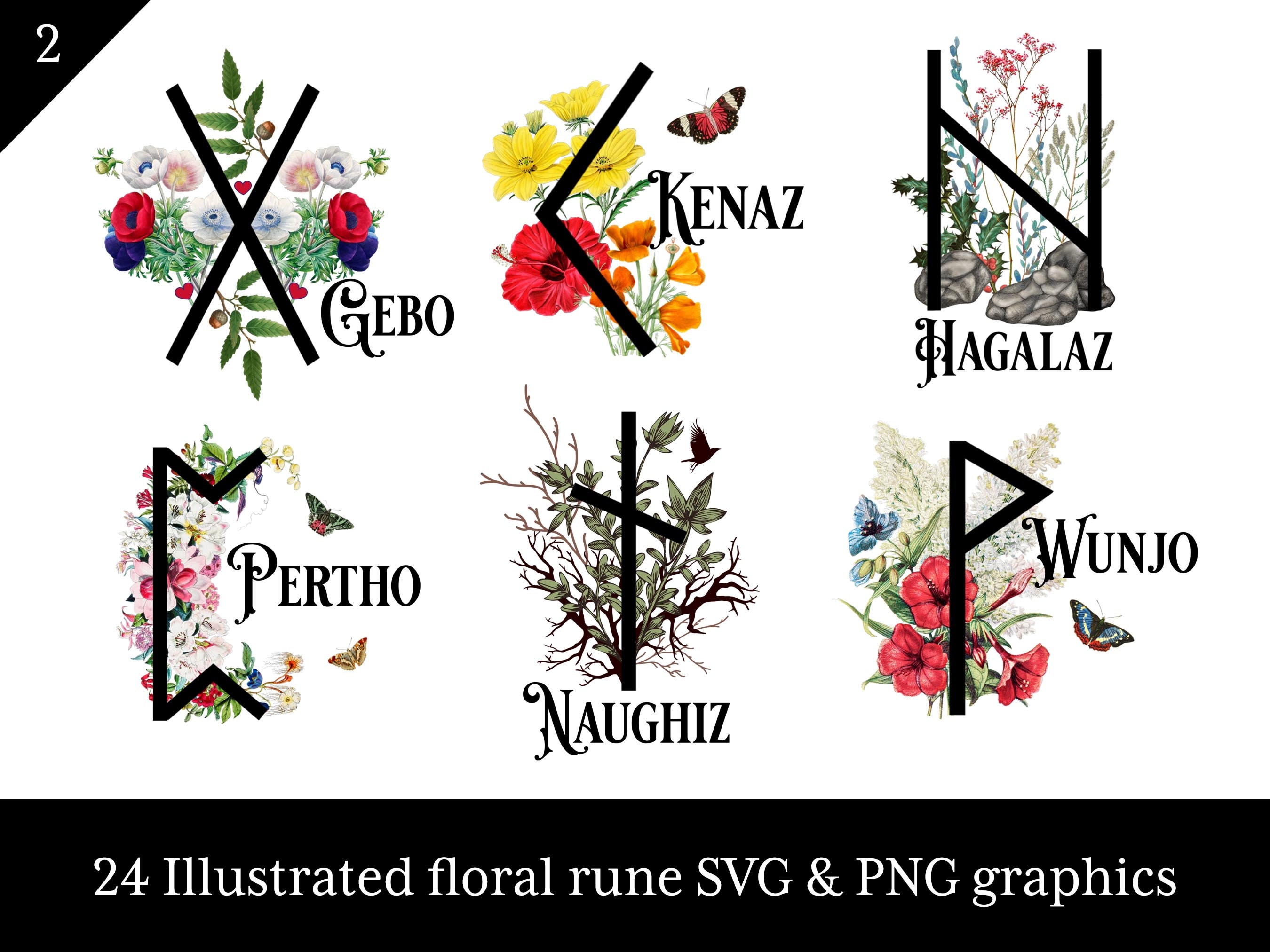 Illustrated Floral Runes, Witchy SVG & PNG, Witchcraft Magic Wicca ...