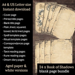 24 Book of Shadows blank printable pages bundle, grimoire, witchcraft spell book, Wicca, pagan, BoS pages, A4 & US Letter, witchy planner