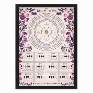 May include: A framed print of the 2026 Wheel of the Year calendar, featuring a central circular design with astrological symbols and text. The print is adorned with floral illustrations in shades of purple and pink, and includes moon phase details.