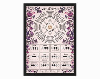 Rueda del Año 2026 y calendario lunar, póster imprimible del calendario lunar. Almanaque de las fases lunares de las brujas, Libro de las Sombras, Grimorio, Wicca, Paganismo.