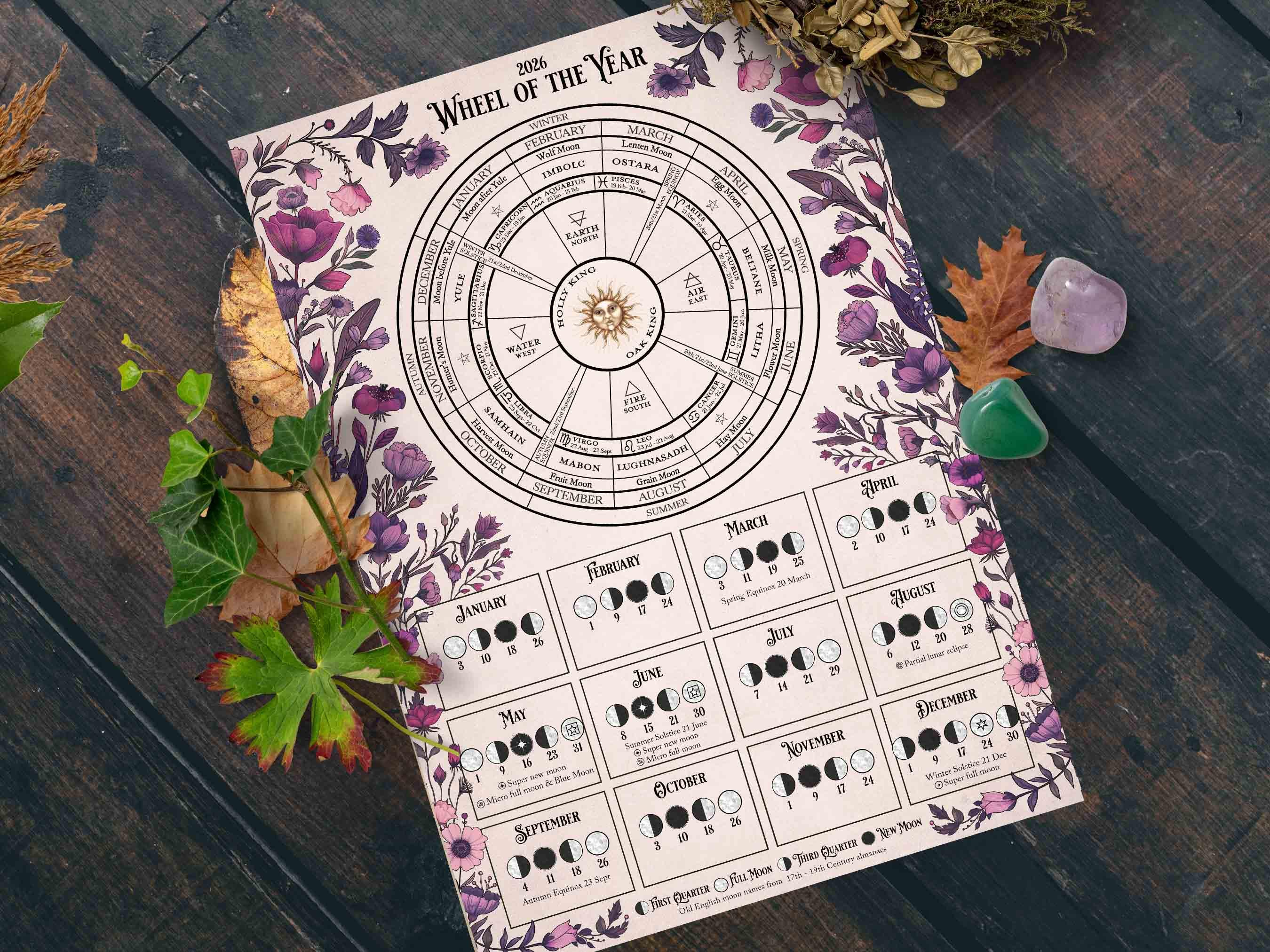 2026 Wheel of the Year & Lunar Calendar, Moon Calendar Printable Poster ...