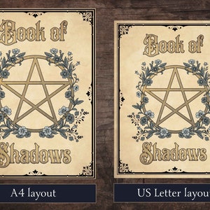 8 Book of Shadows cover and title pages, including a blank page to make your own titles. Perfect for BoS, grimoire pages or a witchcraft spell book. Available in A4 and US Letter sizes with aged paper and white backgrounds.