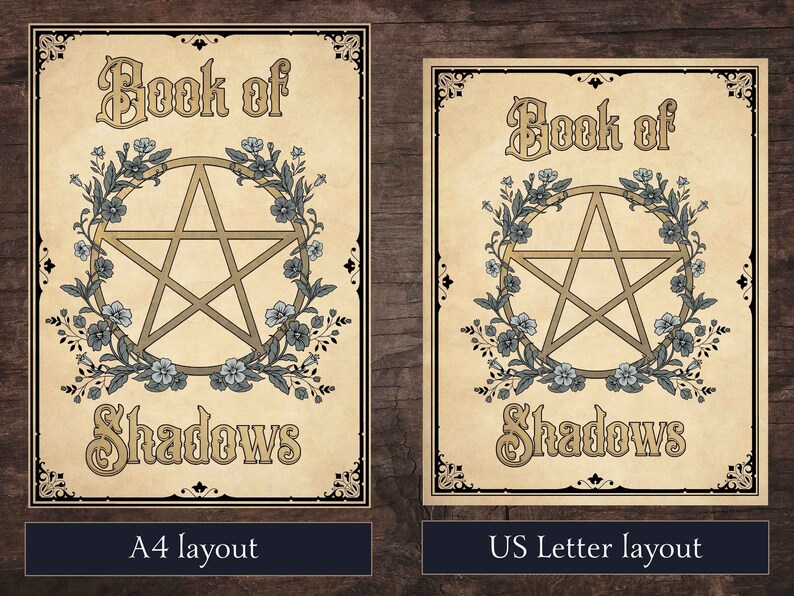 8 Book of Shadows cover and title pages, including a blank page to make your own titles. Perfect for BoS, grimoire pages or a witchcraft spell book. Available in A4 and US Letter sizes with aged paper and white backgrounds.