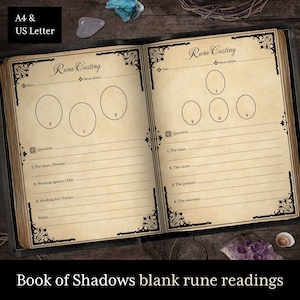 2 páginas de lectura de runas del Libro de las Sombras, páginas imprimibles en blanco, páginas de grimorio, libro de hechizos de brujería, Wicca, pagano, BoS, A4 y tamaños de letras estadounidenses
