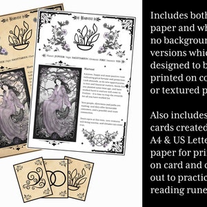 13 illustrated Witches runes Book of Shadows pages including elements, planets, zodiac signs, & rune meanings. A4 & US Letter format and includes aged paper and white background versions for printing on coloured or textured paper. Includes rune cards