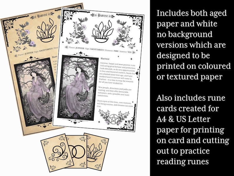 13 illustrated Witches runes Book of Shadows pages including elements, planets, zodiac signs, & rune meanings. A4 & US Letter format and includes aged paper and white background versions for printing on coloured or textured paper. Includes rune cards