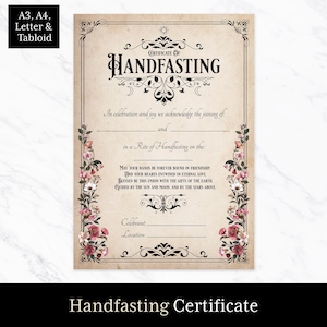 Certificado de matrimonio pagano, certificado de matrimonio pagano imprimible, plantilla de rito de matrimonio pagano wiccan, regalo de bruja en tamaños A3, A4, carta estadounidense y tabloide