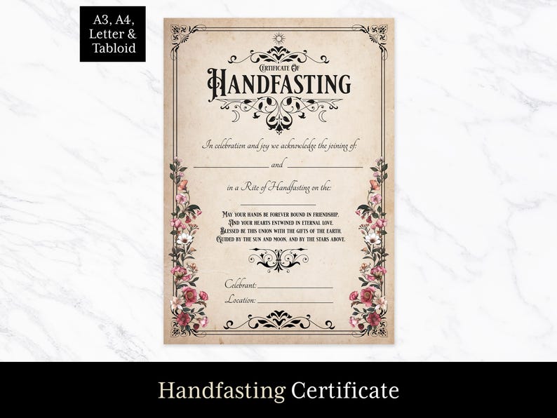 Handfasting Certificate, Pagan Wedding Certificate Printable. Wiccan Handfasting Rite Template ...