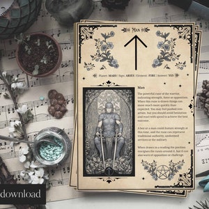 13 illustrated Witches runes Book of Shadows pages including elements, planets, zodiac signs, & rune meanings. A4 & US Letter format and includes aged paper and white background versions for printing on coloured or textured paper. Includes rune cards