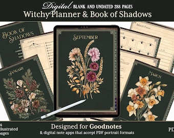 Digital planner and blank Book of Shadows pages, Goodnotes witchy planner. Portrait undated witch journal. Witchcraft Wicca Grimoire Journal