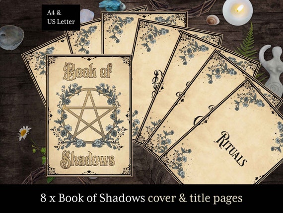 8 Book of Shadows title pages, 8 printable pages, grimoire pages, witchcraft spell book, Wicca, pagan, BoS cover pages, A4 & US Letter sizes