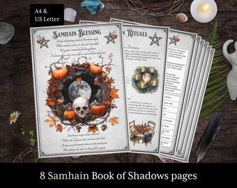 Può includere: Otto pagine stampabili per un Libro delle Ombre di Samhain. Le pagine presentano illustrazioni di un teschio, zucche e una luna piena in una ghirlanda di foglie autunnali. Il testo sulle pagine include "Benedizione di Samhain" e "Rituali di Samhain".