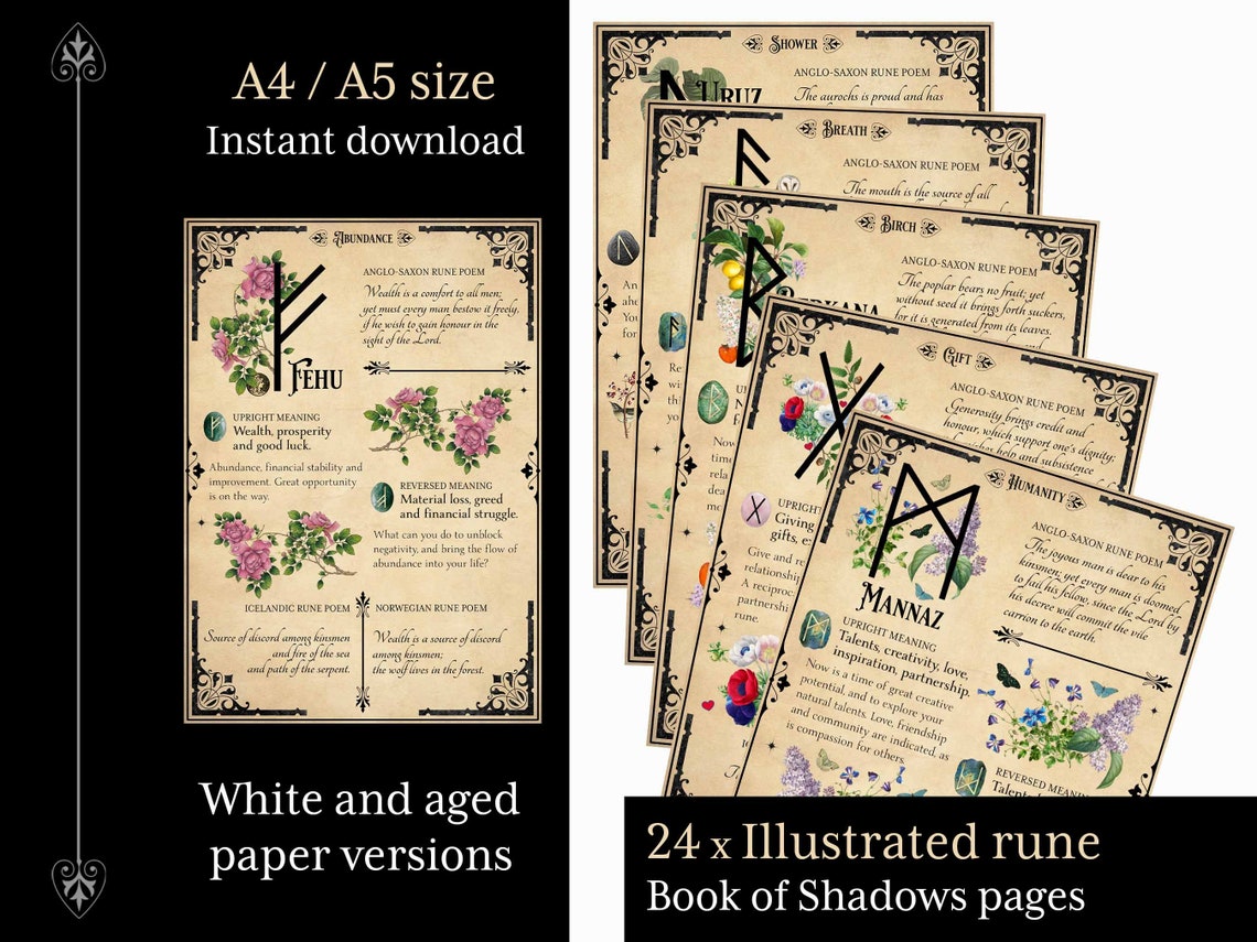 24 Rune Book of Shadows Printable Pages A4, Grimoire Pages, Witchcraft ...