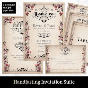 Handfasting Einladungsreihe bearbeitbare Vorlage, heidnische Wildblumen-Hochzeitseinladungsset. Hexe & Wicca Hochzeitspaket Save the Date, Antwortkarte, Menü