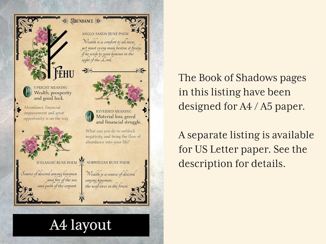 24 Rune Book of Shadows Printable Pages A4, Grimoire Pages, Witchcraft Spell Book, Wicca, Pagan ...