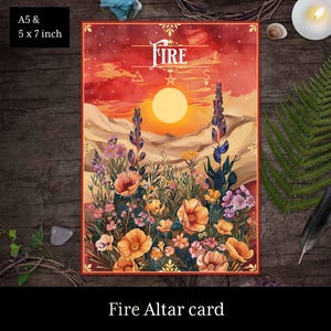Puede incluir: Una carta de Altar de Fuego con un fondo rojo y una escena de puesta de sol. La carta presenta una ilustración estilizada de un campo de flores con un sol en el fondo. El texto "FIRE" está escrito en una fuente estilizada en la parte superior de la carta.