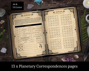 "auf 13 ""Planetary Correspondences"" Seiten mit den Siegeln und ihren Zaubersprüchen." Buch der Schatten Seiten, druckbares Grimoire für Anfänger, Zauberbuch für Hexerei