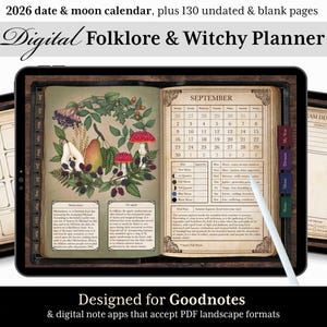 Digital planner 2026, moon phases, Goodnotes witchy planner, undated witch journal. Folk witch folklore Book of Shadows, Grimoire Journal