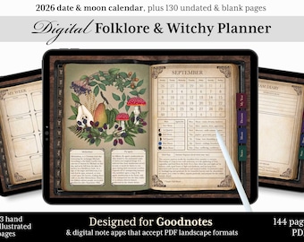 Digital planner 2026, moon phases, Goodnotes witchy planner, undated witch journal. Folk witch folklore Book of Shadows, Grimoire Journal