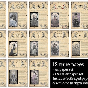 13 illustrated Witches runes Book of Shadows pages including elements, planets, zodiac signs, & rune meanings. A4 & US Letter format and includes aged paper and white background versions for printing on coloured or textured paper. Includes rune cards