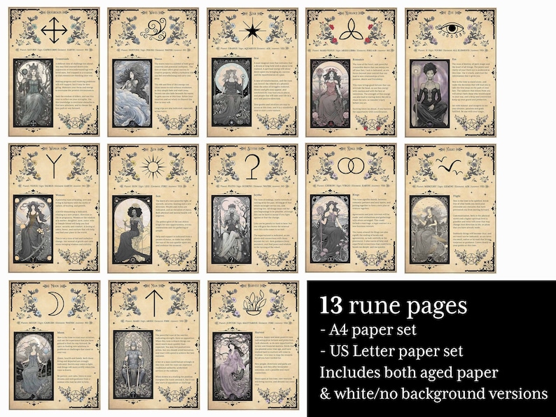 13 illustrated Witches runes Book of Shadows pages including elements, planets, zodiac signs, & rune meanings. A4 & US Letter format and includes aged paper and white background versions for printing on coloured or textured paper. Includes rune cards