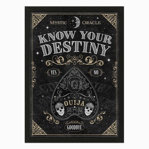 Signe imprimable de diseuse de bonne aventure avec planche Ouija. Tableau parlant avec planchette de style ancien, esprit rétro, Destiny pour une décoration sorcière.