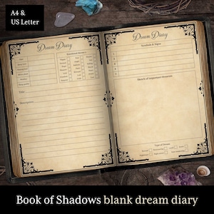 2 páginas del diario de sueños del Libro de las Sombras, páginas imprimibles en blanco, páginas de grimorio, libro de hechizos de brujería, Wicca, pagano, BoS, A4 y tamaños de letras estadounidenses