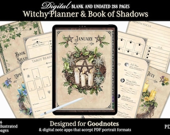 Digital planner and blank Book of Shadows pages, Goodnotes witchy planner. Portrait undated witch journal. Witchcraft Wicca Grimoire Journal