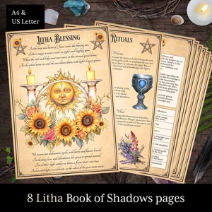 May include: Eight printable pages for a Litha Book of Shadows, featuring a hand-drawn illustration of a sun with sunflowers and roses, a chalice with a blue gem, and text that reads "Litha Blessing" and "Rituals".