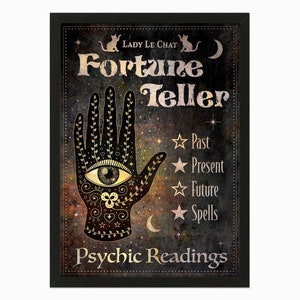 Lady Le Chat Fortune Teller imprimible, signo de lectura de palma de estilo vintage, descarga digital de Halloween, signo psíquico, decoración gótica de brujas.