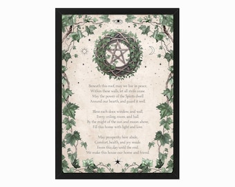 May include: A framed print with a pentagram surrounded by a wreath of ivy. The print features a poem about peace, prosperity, and making a house a home. The background is a light beige with a subtle star pattern.