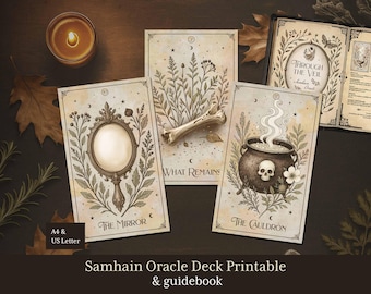May include: An oracle deck with a vintage aesthetic. Three cards are displayed, featuring illustrations of a mirror, a cauldron with a skull, and a bone. The deck includes a guidebook, a lit candle, and the text "Samhain Oracle Deck Printable & guidebook."