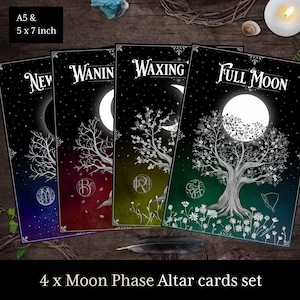 4 Mondphasen Altar Karten, Hexerei Altar Kunst zum Kreisen gießen Call the Quarters & Zauberkerze. Hexe, Buch der Schatten, Grimoire, Wicca