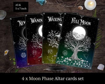 4 Moon phase altar cards, Witchcraft altar art for circle casting call the quarters & spell candle. Witch, Book of Shadows, Grimoire, Wiccan